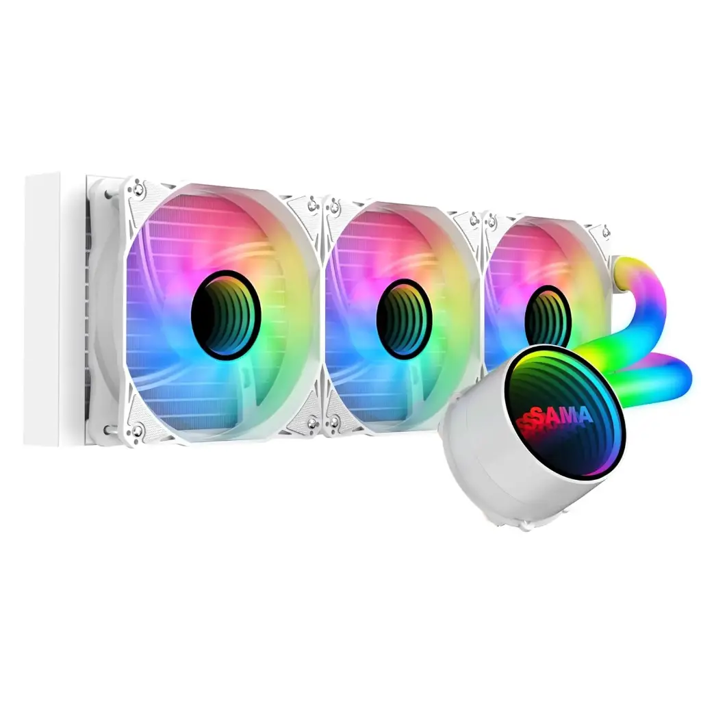 SAMA PS360 White AIO Liquid Cooler 360mm ARGB CPU Radiator with Infinity Mirror PWM Fans ARGB Effects Tube Water Cooler 